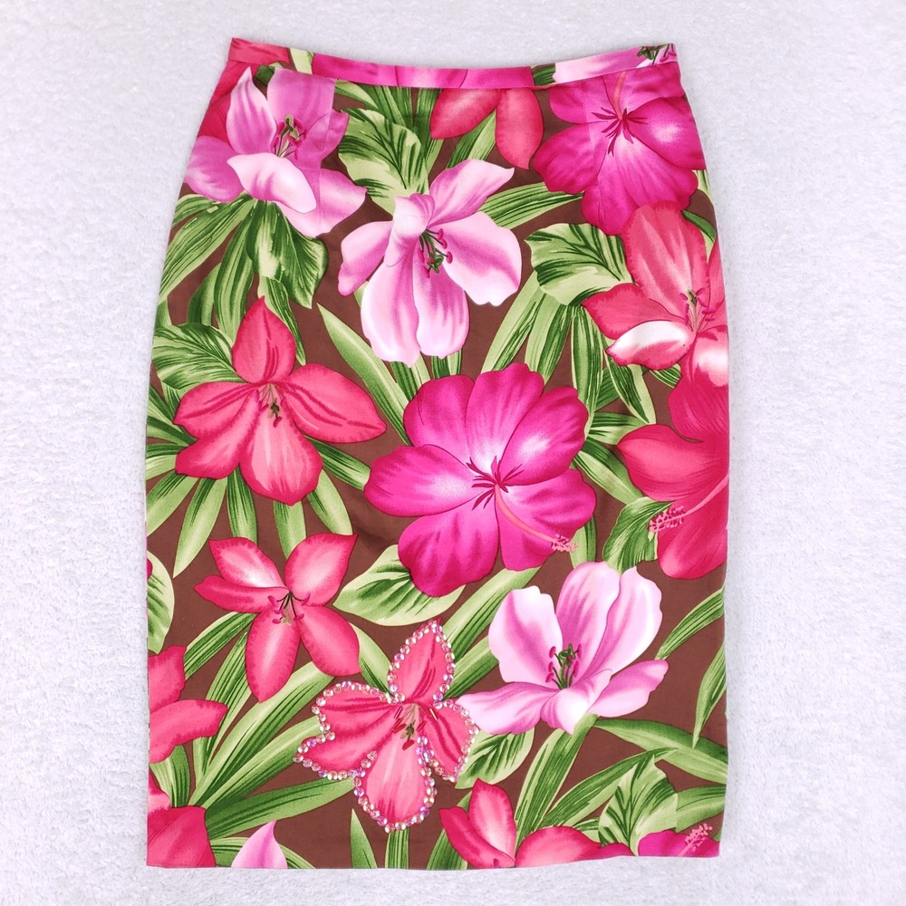 Bamboo Trader Tropical Hibiscus Pencil Skirt Women 4P Pink Brown Floral Y2K Tiki